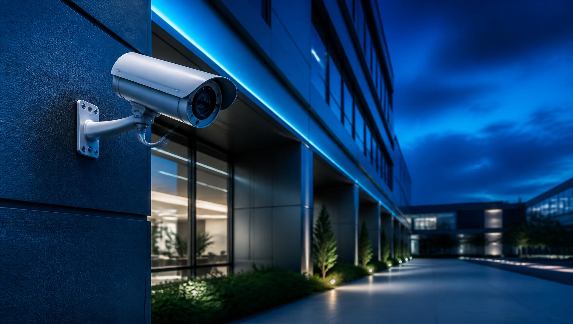Commercial security camera mounted on a modern office building at dusk