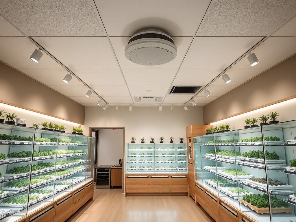 Cannabis dispensary interior with ceiling-mounted security dome camera