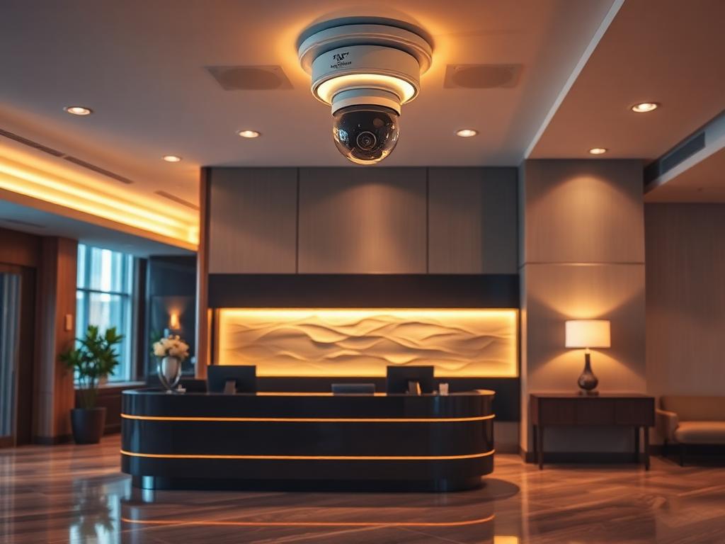 Hotel lobby reception desk with discreet ceiling security dome camera