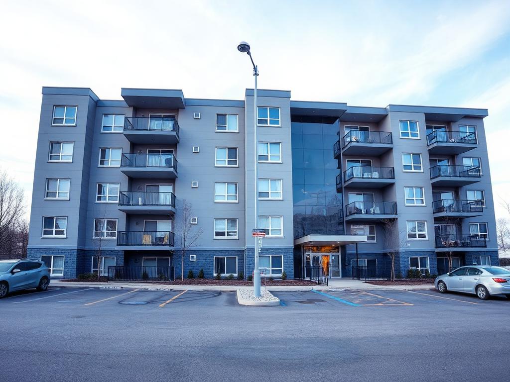 Multi-family residential property exterior with parking lot security camera pole