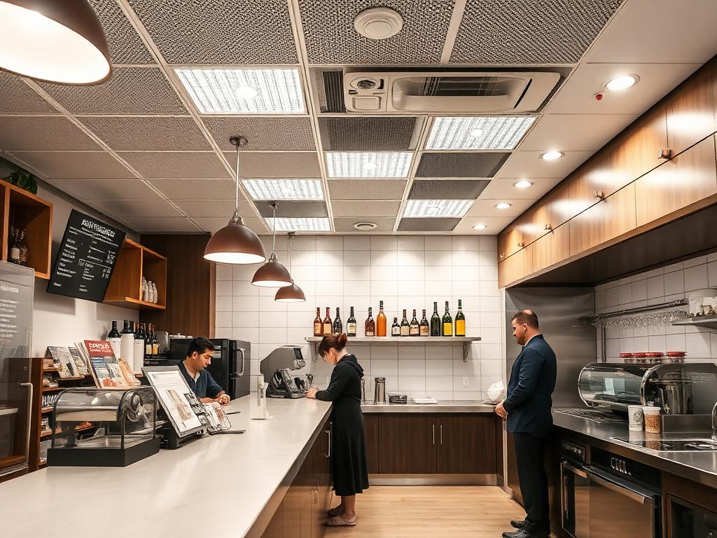 Quick-service restaurant counter and kitchen with ceiling security camera