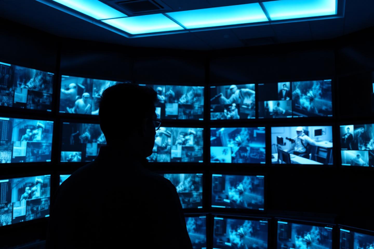 Security operations center with a wall of live video surveillance monitors